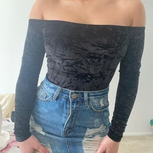 crushed velvet black bardot off shoulder